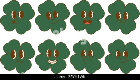 Set trèfle Groovy tendance avec quatre autocollants de feuille. Bonne Saint Patrick. Personnage funky Happy trèfle dans un style rétro tendance des années 60 70. Vector illust Illustration de Vecteur