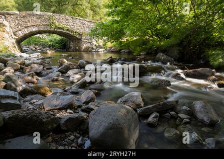 Pont de pierre sur une rivière avec des rochers. Abergwynant, Gwynedd, pays de Galles. Juin. Banque D'Images