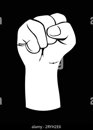 Silhouette blanche d'un poing ascendant masculin sur un fond noir avec des lignes blanches définissant les doigts et le pouce.Revolution Protest Raised Fist Symbol. IC Web Illustration de Vecteur