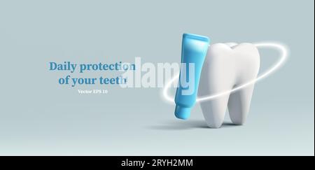 Illustration 3D d'une dent avec pâte dentifrice et cercle brillant protecteur, modèle d'affiche de soins dentaires Illustration de Vecteur