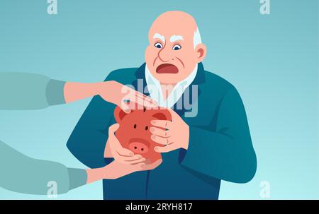 Vecteur d'un homme d'affaires âgé effrayé tenant une tirelire essayant de protéger ses économies contre le vol Illustration de Vecteur