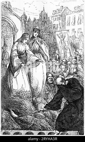 Gravure d'un moine combattant les faggots devant deux femmes liées par des chaînes pour exécution publique par brûlage, probablement pendant l'inquisition espagnole Banque D'Images