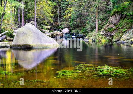 Pierres dans le lit de la rivière sur l'île d'engagement, Oker, montagnes Harz, Allemagne Banque D'Images