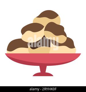 Profiteroles avec icône de glace au chocolat. Dessert français dans une illustration vectorielle de plat. Photo de gâteau isolé sur fond blanc Illustration de Vecteur