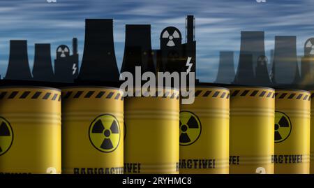 Concept de barils de déchets radioactifs nucléaires en rangée. Danger pollution par rayonnement conteneurs industriels 3d illustration. Banque D'Images