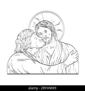 Judas Iscariot trahison de Jésus style médiéval dessin d'art de ligne Banque D'Images