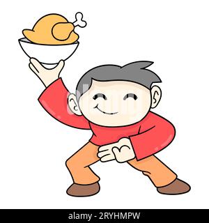 homme chinois serveur sert de la nourriture au poulet, illustration vectorielle art. doodle icône image kawaii. Banque D'Images