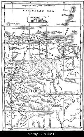 La route de Humboldt sur l'Orénoque, 1800. Friedrich Wilhelm Heinrich Alexander von Humboldt (1769-1859) était un polymathe, géographe, naturaliste et explorateur allemand. En février 1800, Humboldt explore le cours de l'Orénoque et ses affluents. Ce voyage, qui a duré quatre mois et a couvert 1 725 miles (2 776 km), avait pour but d'établir l'existence du canal de Casiquiare. Banque D'Images