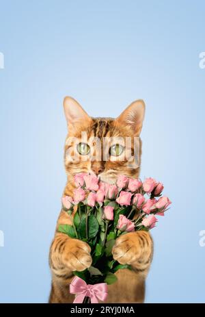 Chat Bengal avec des fleurs. Cadeau pour la Saint Valentin et la fête des mères. Banque D'Images