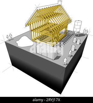 Construction de maison individuelle simple avec construction de charpente en bois et équipement de construction Banque D'Images