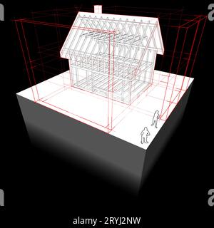 Schéma de la construction de charpente aÂ une maison individuelle avec des dimensions 3D. Banque D'Images