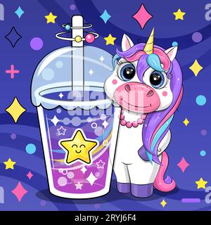 licorne de dessin animé mignon avec une boisson d'étoile. Illustration vectorielle d'un animal et une tasse d'eau colorée sur un fond bleu foncé avec des étoiles et des points. Illustration de Vecteur