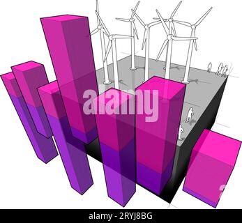 Diagramme d'un parc d'éoliennes avec diagramme à barres montantes signifiant l'importance croissante ou le boom de t Banque D'Images