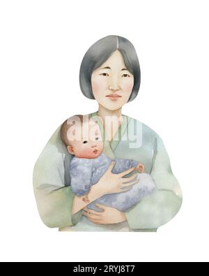 Illustration à l'aquarelle d'une mère tenant un bébé. Nouveau-né. Maman avec un bébé isolé sur un fond transparent. Mères Banque D'Images