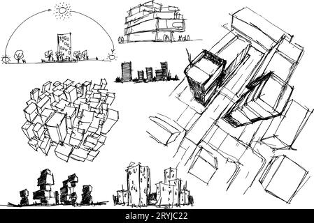 De nombreux croquis architecturaux d'une architecture moderne et des idées urbaines Banque D'Images