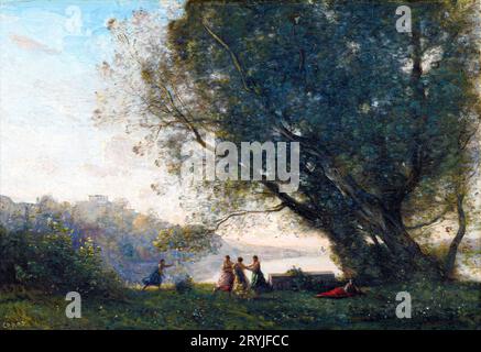 Danse sous les arbres au bord du Lac (1865-1870) par Jean Baptiste Camille Corot. Banque D'Images