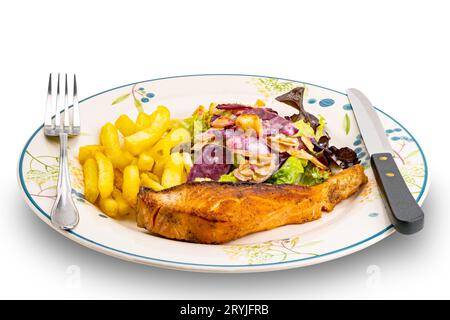 Délicieux steak de saumon maison avec salade césar et frit français dans une assiette en céramique blanche. Banque D'Images