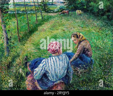 Jeunes filles paysannes se reposant dans les champs près de Pontoise (1882) par Camille Pissarro. Banque D'Images