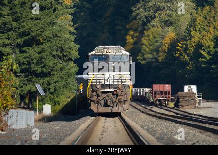 Skykomish, WA, États-Unis - 29 septembre 2023 ; Norfolk Southern locomotive sur un train de marchandises attend dans l'État de Washington au début de l'automne Banque D'Images