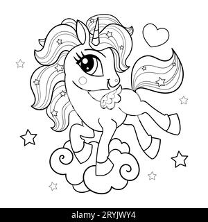 licorne de dessin animé mignon sur un nuage. Illustration en noir et blanc. Pour la conception pour enfants de livres de coloriage, impressions, affiches, cartes, autocollants, puzzles, etc Illustration de Vecteur