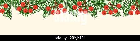 Frontière sans couture avec des branches de pin et des baies rouges, élément de conception de vacances d'hiver, illustration vectorielle Illustration de Vecteur