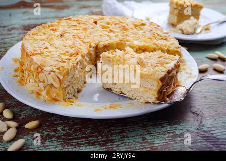 Gâteau aux amandes suédois traditionnel avec flocons d'amandes servi en gros plan sur une assiette au design classique Banque D'Images