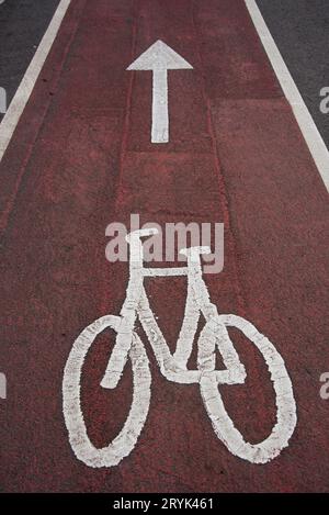 Piste cyclable avec marquages sur l'asphalte dans une ville Banque D'Images