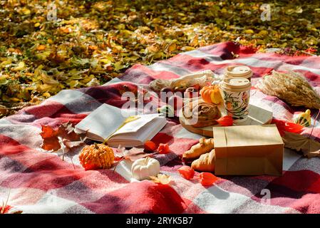 pique-nique dans la forêt d'automne. feuilles mortes colorées, plaid, café et croissants, citrouilles Banque D'Images