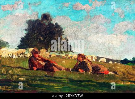 Garçon et fille dans un champ avec mouton par Winslow Homer. Original de la Smithsonian. Banque D'Images