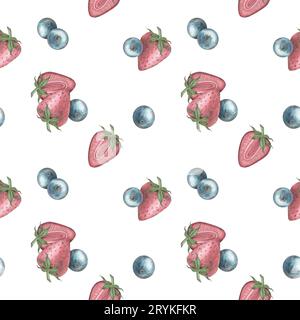 Motif aquarelle sans couture avec des fraises roses et des myrtilles sur un fond blanc dans un style vintage. Illustration. Modèle pour l'impression Banque D'Images