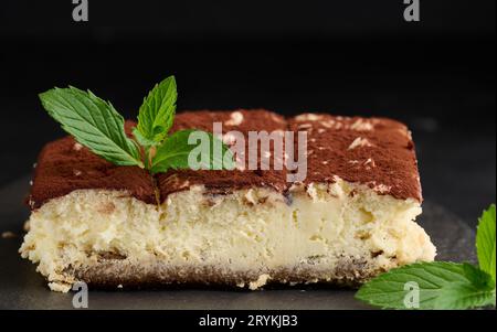 Un morceau de tiramisu arrosé de cacao, sur une branche de menthe fraîche sur un fond noir Banque D'Images