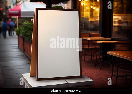 Maquette étiquette, cadre de menu vide dans le bar restaurant. Support pour livrets avec des feuilles de papier blanc sur table en bois cafétéria Banque D'Images