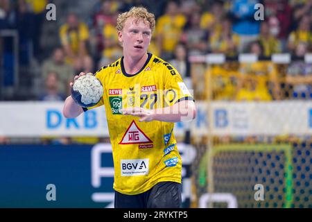 Mannheim, Deutschland. 01 octobre 2023. Gustav Davidsson (RNL, 22), Am ball, Einzelbild, Einzelfoto, Aktion, action, 01.10.2023, Mannheim (Deutschland), Handball, Bundesliga, Rhein-Neckar Löwen - TVB Stuttgart crédit : dpa/Alamy Live News Banque D'Images