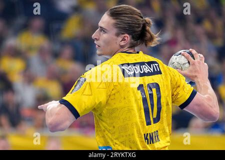 Mannheim, Deutschland. 01 octobre 2023. JURI Knorr (RNL, 10), Am ball, Einzelbild, Einzelfoto, Aktion, action, 01.10.2023, Mannheim (Deutschland), Handball, Bundesliga, Rhein-Neckar Löwen - TVB Stuttgart crédit : dpa/Alamy Live News Banque D'Images