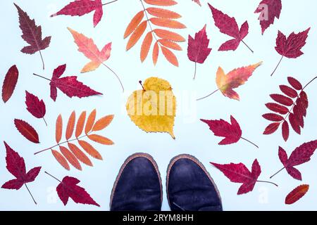 Cadre de feuilles d'automne multicolores et bottes en daim. Bonjour, concept d'automne Banque D'Images