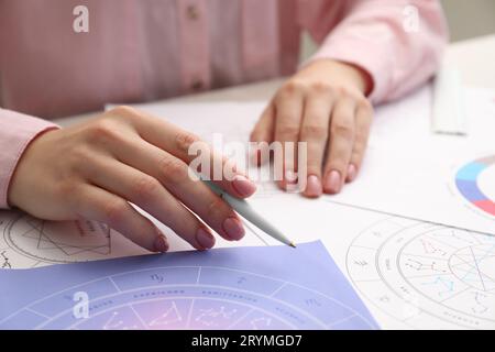 Astrologue utilisant la roue du zodiaque pour la prévision de destin à table, closeup. Dire la fortune Banque D'Images