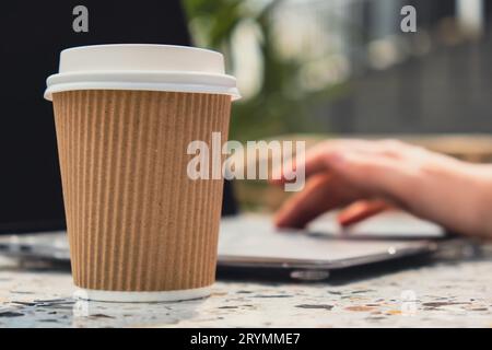 Méconnaissable Jeune femme travaille sur un ordinateur portable moderne à table dans la station balnéaire. Le lieu de travail du Freelancer à distance. Étudiez et travaillez Banque D'Images