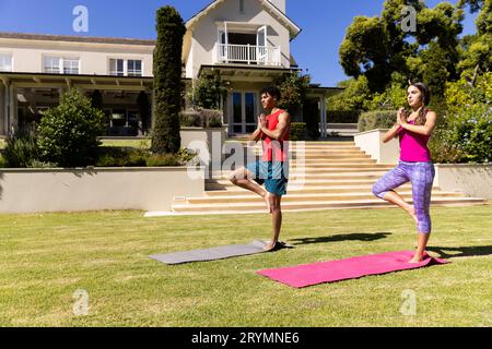 Joyeux couple de forme diverse pratiquant le yoga debout sur une jambe dans le jardin ensoleillé, espace de copie Banque D'Images