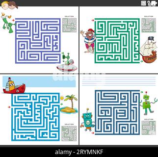 Illustration de dessin animé de jeux éducatifs de puzzle de labyrinthe avec des personnages drôles Banque D'Images