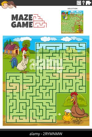 Illustration de dessin animé de l'activité pédagogique de puzzle de labyrinthe avec les personnages animaux de ferme d'oiseaux de poulets drôles Banque D'Images