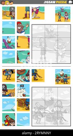 Illustration de dessin animé de jeux de puzzle éducatifs ensemble avec des pirates groupe de caractères Banque D'Images