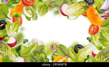 Feuilles de salade fraîches, mélange de légumes coupés, cadre d'ingrédients alimentaires sains Banque D'Images