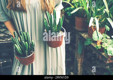 Femme tient 2 pots de succulentes en serre Banque D'Images