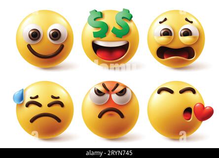 Jeu de vecteurs de caractères de visage emoji. Emojis émoticône personnage jaune émoticône heureux, souriant, argent dollar, déçu, triste et enragé visage Illustration de Vecteur