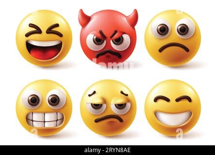 Jeu de vecteurs d'émoticônes emojis. Personnages emoji en couleur jaune et rouge avec heureux, diable fou, triste, humeur de visage en colère et émotions en fond blanc. Illustration de Vecteur