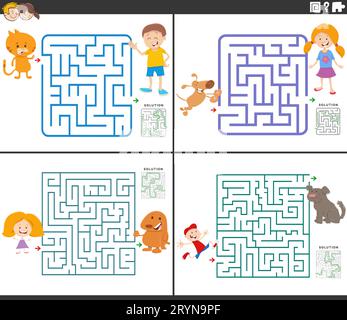 Illustration de dessins animés de jeux éducatifs de puzzle de labyrinthe avec les enfants et leurs animaux de compagnie Banque D'Images