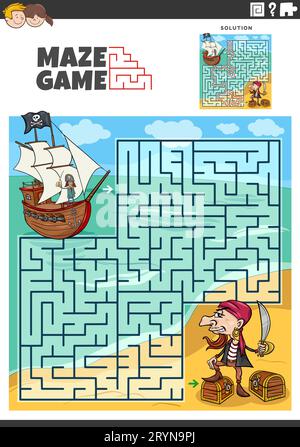 Illustration de dessin animé de l'activité pédagogique de puzzle de labyrinthe avec les personnages fantaisie de pirates drôles Banque D'Images