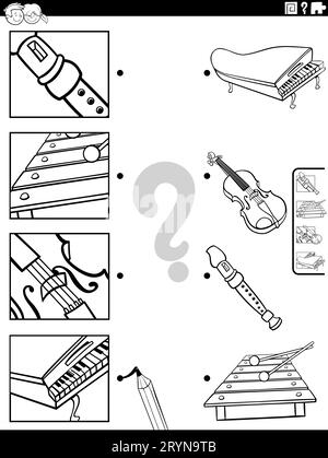 Dessin animé noir et blanc illustration de l'activité éducative correspondante avec des instruments de musique et des images coupures page de coloriage Banque D'Images