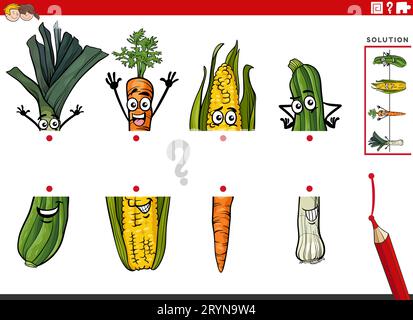 Illustration de dessin animé de l'activité éducative de faire correspondre des moitiés d'images avec des personnages de légumes Banque D'Images