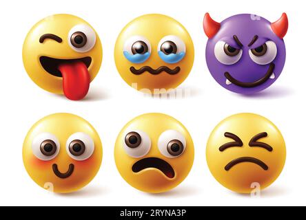 Vecteur de jeu de caractères emojis. Émoticône emoji caractère dans vilain, heureux, pleurant, mal en colère et rougir expressions d'humeur face en fond blanc. Illustration de Vecteur